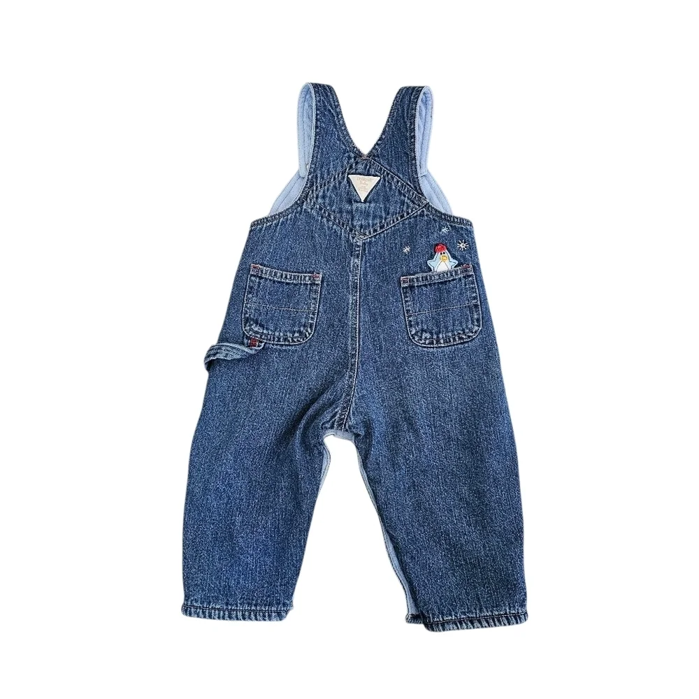 Vintage OshKosh Baby Overalls - Adorable Penguin Sledding Embroidery - Size 6-9